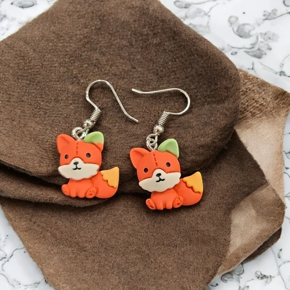 Orange and Green Fox Earrings Whimsical Jewelry